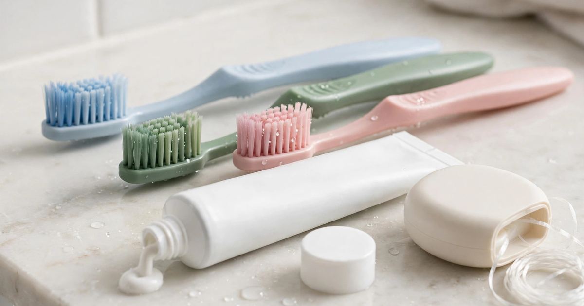 Toothbrushes, toothpaste and dental floss on a counter for the Emergency Dentist blog