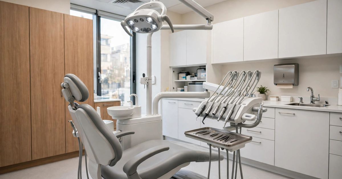 Empty dental clinic with a dental chair and equipment