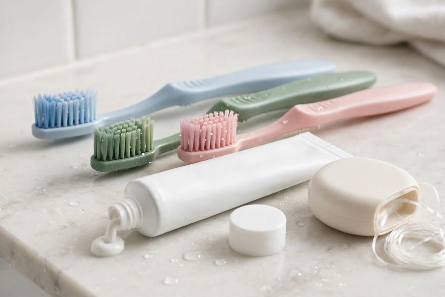 Toothbrushes, toothpaste and dental floss on a counter for Gum Disease emergency care