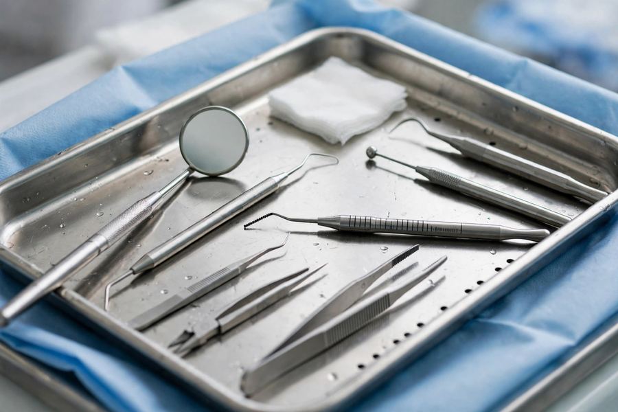 Sterile dental instruments arranged on a tray for Root Exposure emergency care